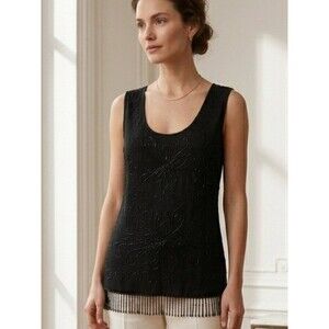 Venini Black Beaded Sleeveless Top Tiered Fringe Hem Evening Blouse Size Large